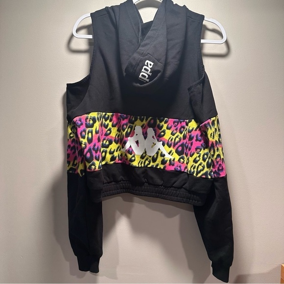 Kappa Open Shoulder Zip Jacket Leopard Neon Cropped Hoodie Black Large Cotton - Picture 6 of 16